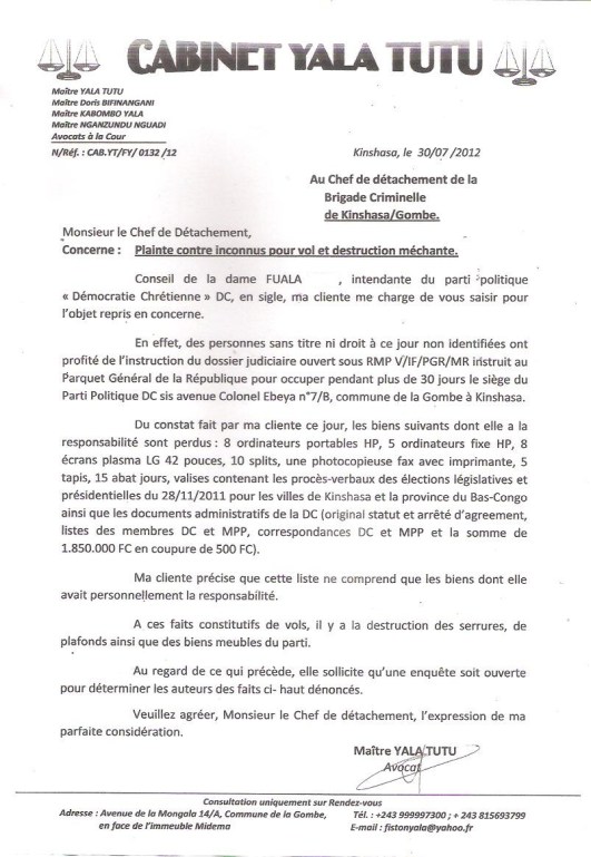 PLAINTE CONTRE INCONNUS POUR VOL ET DESTRUCTION MECHANTE