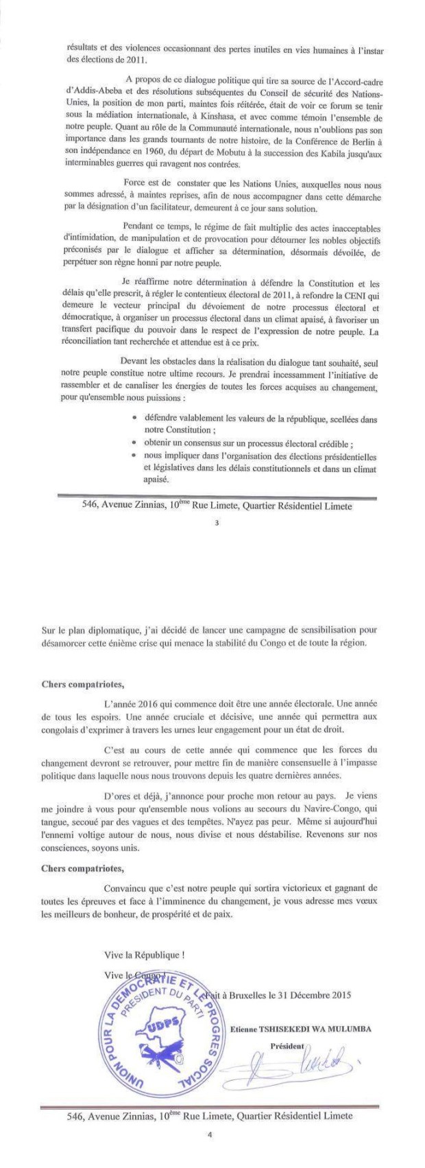 message tshisekedi 3 et 4