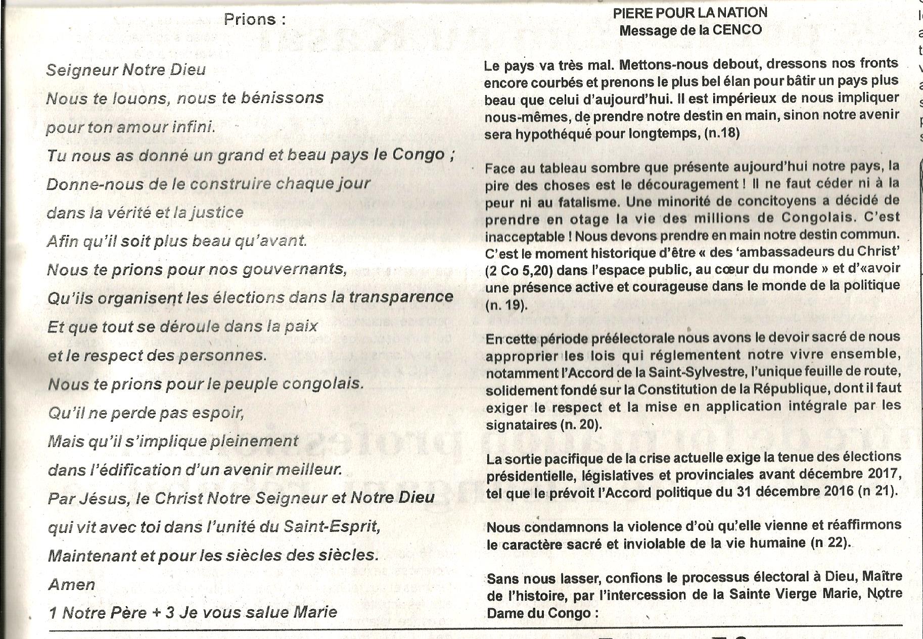 PRIERE DE LA CENCO POUR LA NATION ET MESSAGE