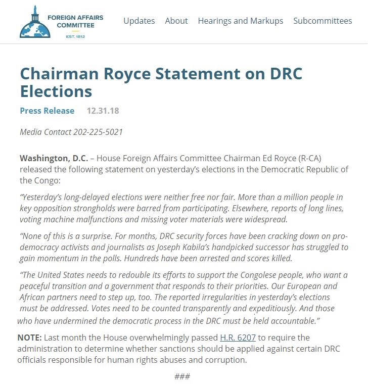 declaration du senat americain sur les elections rdc 1