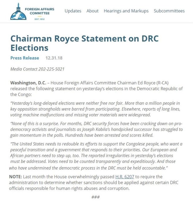 declaration du senat americain sur les elections rdc 1